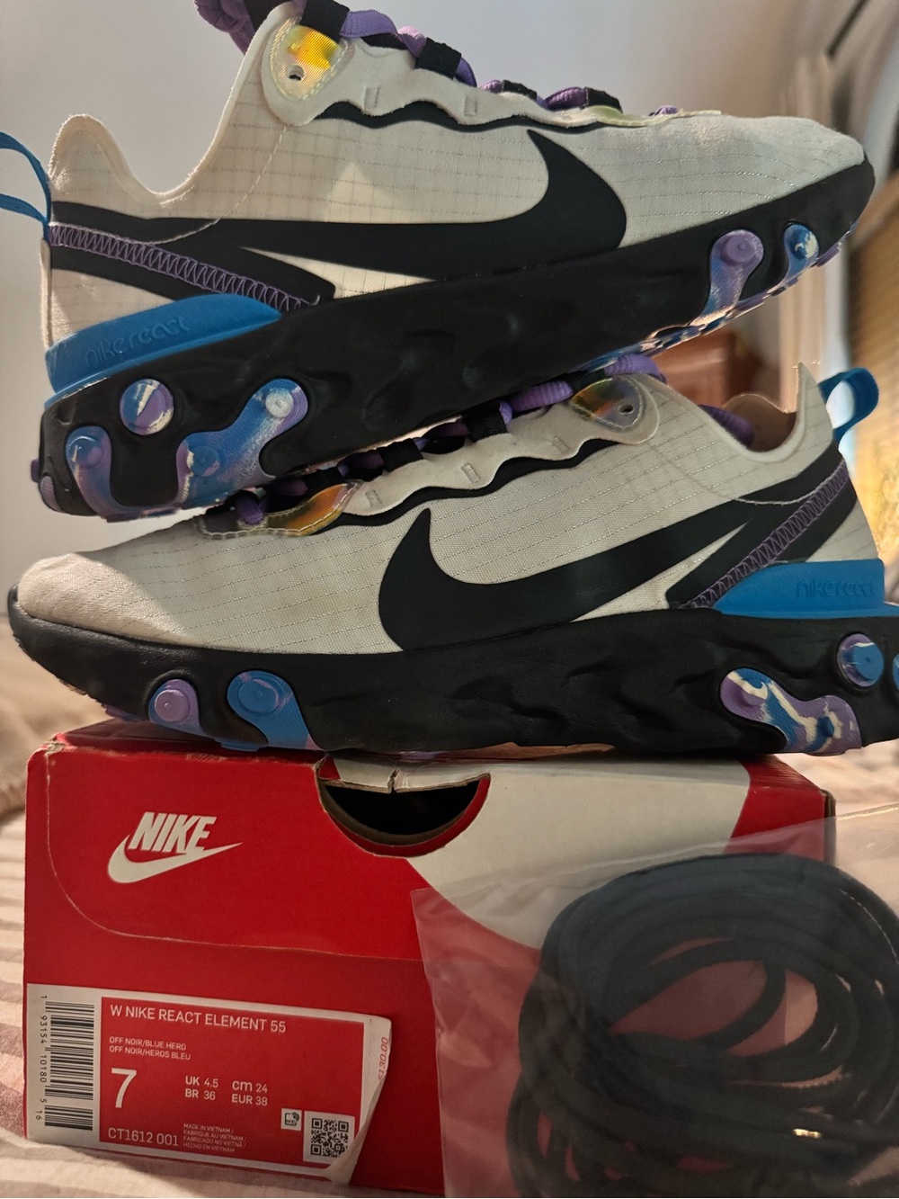 Nike Kids React Element 55 Sneakers - White, Black & Purple Accents